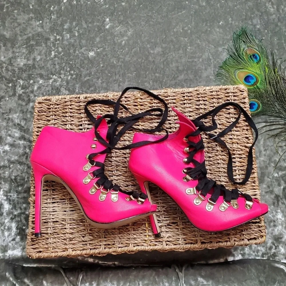 Privileged Demeter Lace Up Pink heels - Picture 2 of 9